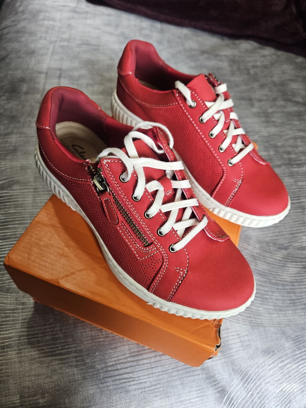Clarks Red Lace-Up Sneakers with Side Zip and White Sole